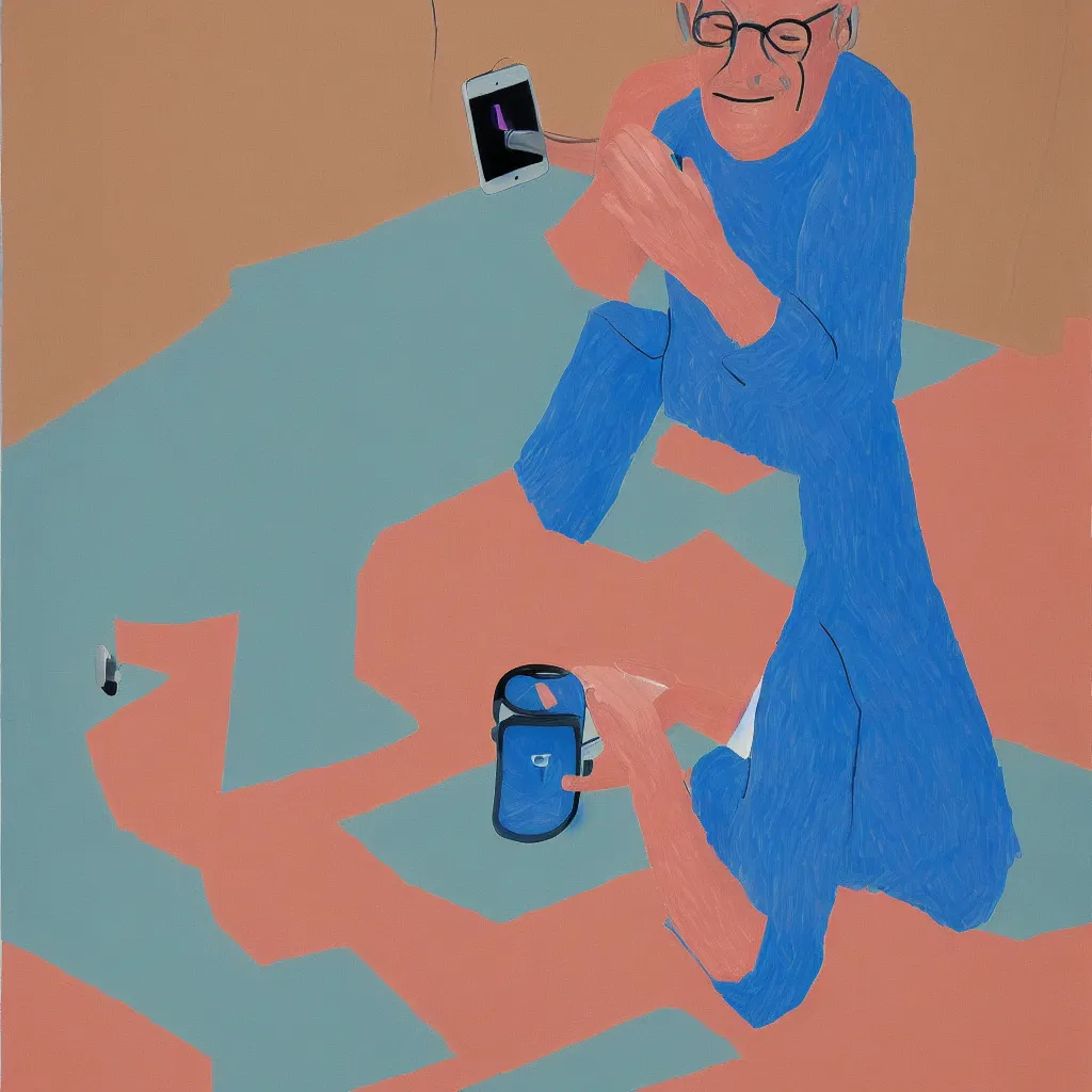 Image similar to i, a man wearing airpods pro and playing his iphone, by david hockney