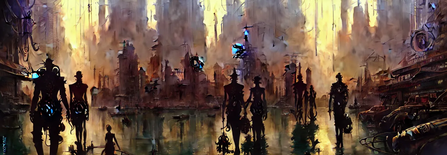 Image similar to steampunk cyberpunk city in a swamp, busy market, godrays, cinematic, poster art by weta studio, lucasfilm jesper ejsing, norman rockwell, mucha, ilya kuvshinov, greg rutkowski frank frazzeta on artstation