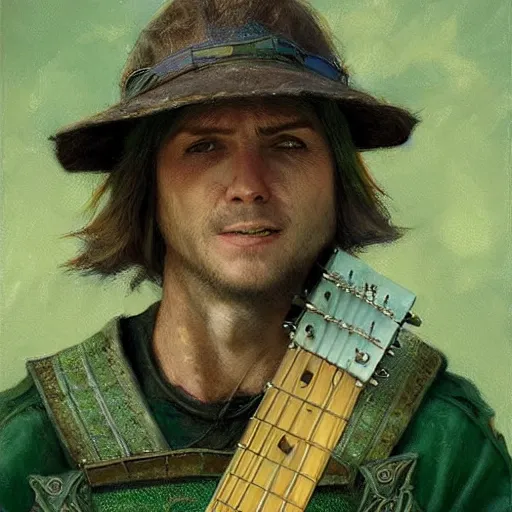 Image similar to racoon bard wearing green tunic holding guitar closeup portrait art by donato giancola and greg rutkowski, vintage retro, realistic face, digital art, trending on artstation, symmetry!!