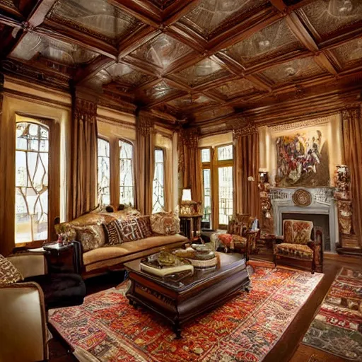 Prompt: photorealistic traditional living room maximalist furnitrue big ceiling