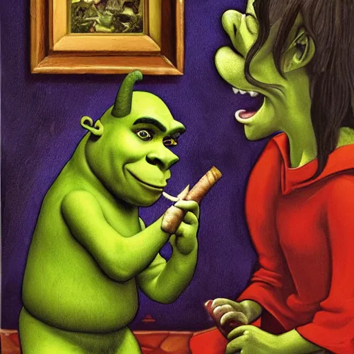 Prompt: shrek smoking a cigar, religious painting