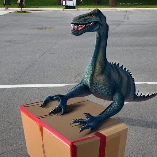 Prompt: Fisheve view of dinosaur stealing packages