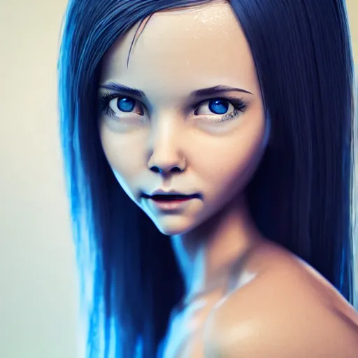 Prompt: hyperrealistic full figure portrait of a cute thin young girl, athletic body, six pack, abs, concentrated look, cute smile, highly detailed, detailed face and eyes, long black hair, flushed face, blue eyes,, volumetric lighting, 8 k, art photography, sport photography