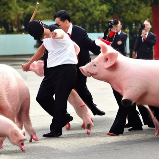 Prompt: xi jinping hitting pigs with big stick