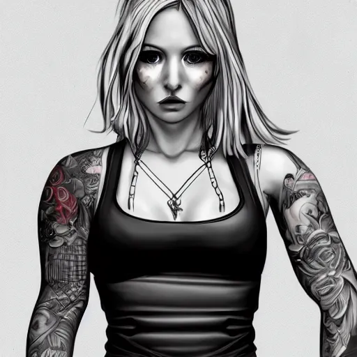 Image similar to Hot young woman, winking, grey skinned, void eyeballs, white hair, tattoos, wearing leather jacket and wifebeater tank top, digital art, concept art, ultra detailed, 4k,