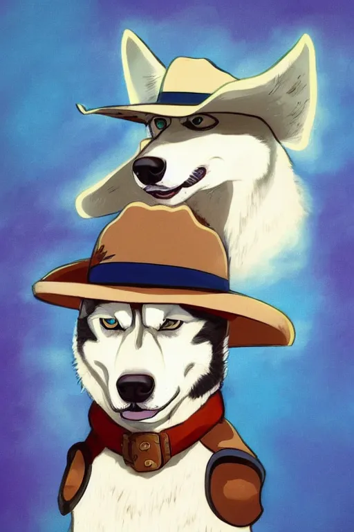 Prompt: a portrait painting of a husky in cowboy costume, wearing a cowboy hat, by [ studio ghibli ], in the style of anime, trending on artstation