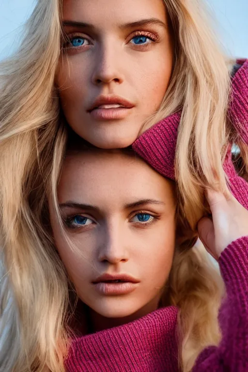 Prompt: olive skinned blonde female model in her twenties, wearing a low cut pink sweater, looking content, focused on her neck, photo realistic, extreme detail skin, natural beauty, no filter, slr, golden hour, 4 k, high definition, selfie