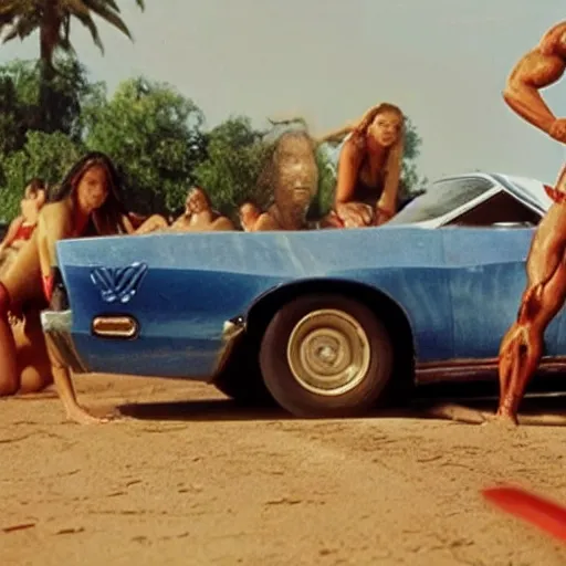 Prompt: paul walker from fast and furious but his face is skinless and red, like a demon, he's sitting in a car about to race. a line of bikini girls surround his car, flirting