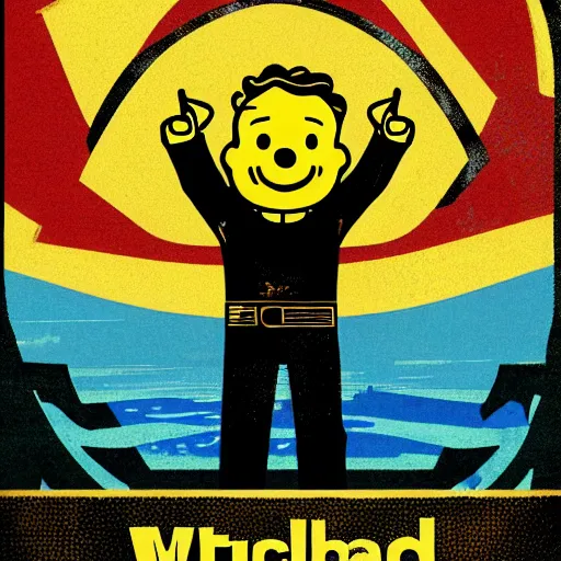 Prompt: fallout 4 vault boy thumbs up, nuclear war soviet era propaganda poster, minimalistic, hyperrealistic surrealism, award winning masterpiece with incredible details, epic stunning, infinity pool, a surreal vaporwave liminal space, highly detailed, trending on ArtStation