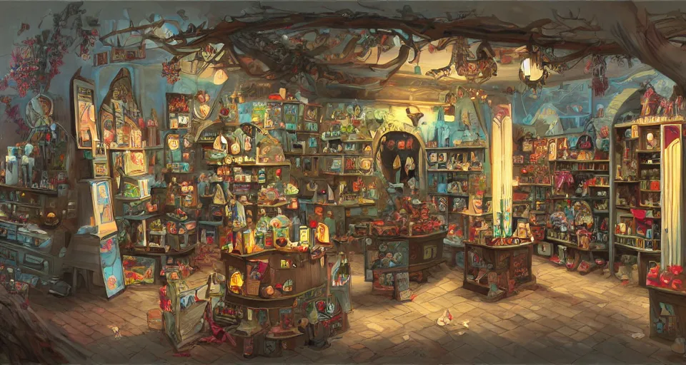 Prompt: A beautiful artwork illustration, a cursed gift shop, featured on artstation, wide angle, horizontal orientation