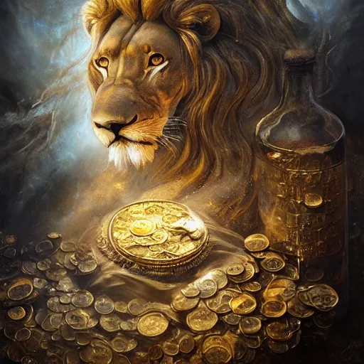 Image similar to a beautiful detailed 3 d matte portrait of a alchemist lion, by ellen jewett, by tomasz alen kopera, by justin gerard, ominous, magical realism, texture, intricate, skull, skeleton, gold coins, money, whirling smoke, alchemist bottles, radiant colors, fantasy, volumetric lighting, high details