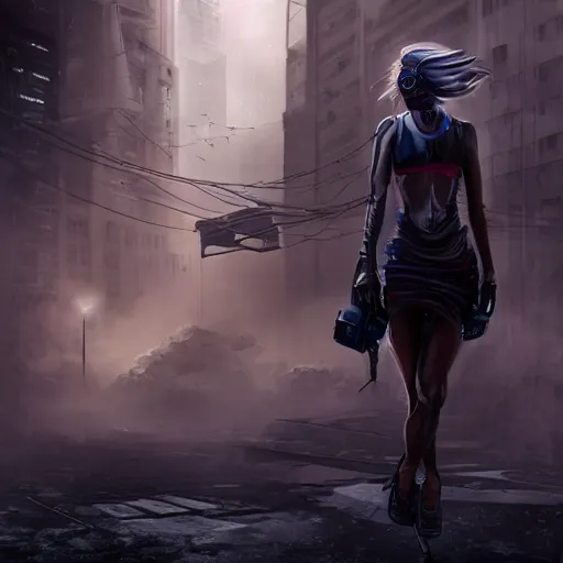Image similar to a very detailed digital image of a futuristic woman in a post-apocalyptic city, extremely detailed woman, stunning volumetric lighting, hyper realism, fantasy 4k