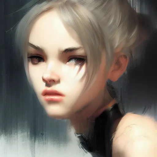 Image similar to a cute girl by ruan jia, closeup headshot, black ponytail, movie style, high detailed.