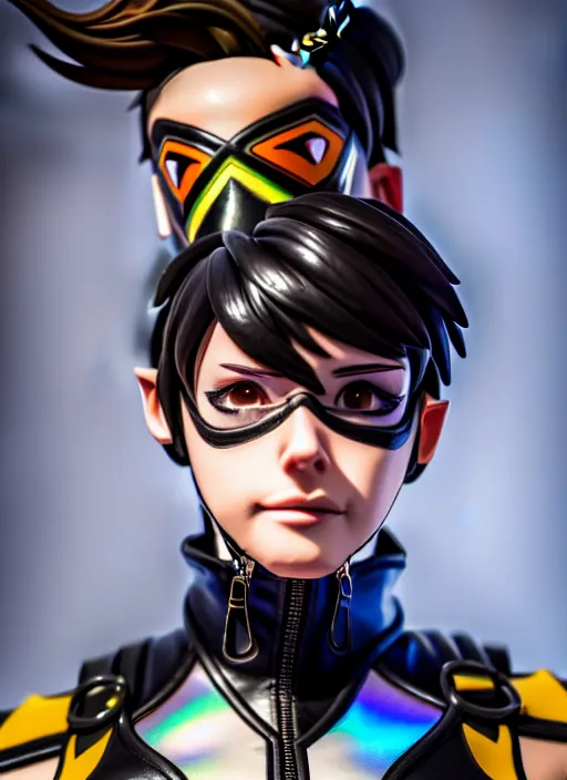 Image similar to hyperrealistic style portrait of tracer overwatch, confident pose, wearing black iridescent rainbow latex, 4 k, expressive happy smug expression, makeup, in style of mark arian, wearing detailed black leather collar, wearing sleek armor, black leather harness, expressive detailed face and eyes,