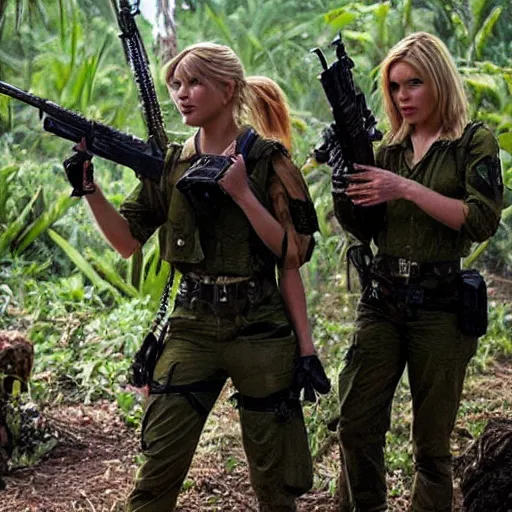 Prompt: elisha cuthbert and mary elizabeth winstead as a commandos in a jungle battlefield