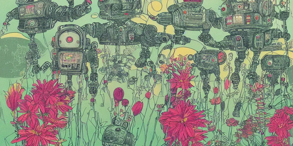 Image similar to vintage grainy scifi style, gigantic robot heads floating above the pool, tiny robots, a lot of exotic flowers and plants, risograph!!!, flat surreal design, super - detailed, a lot of tiny details, fullshot, by codex seraphinianus