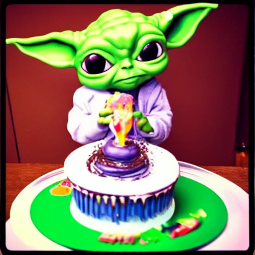 Prompt: (baby yoda) smashing birthday cake into his face, happy birthday, happy birthday candles, mischievous, inquisitive, devious, hilarious, funny, birthday wrapped PRESENTS, by Erin Hanson