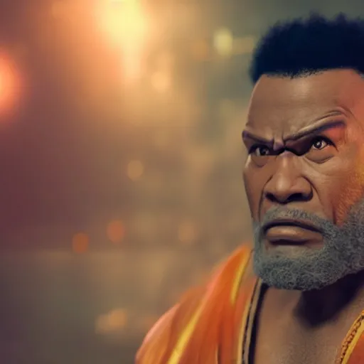Image similar to a film still of a black man starring in a japanese blockbuster film as heihachi from tekken, shallow depth of field, cinematic, award winning cgi, vfx, film still