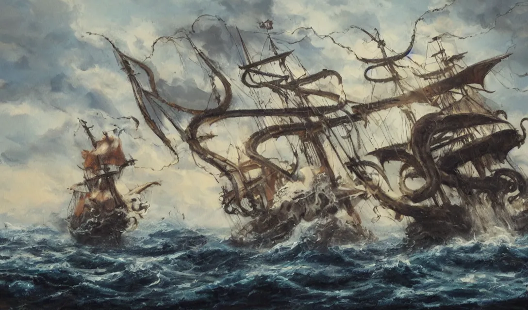 Image similar to oil painting of a kraken attacking a pirate ship