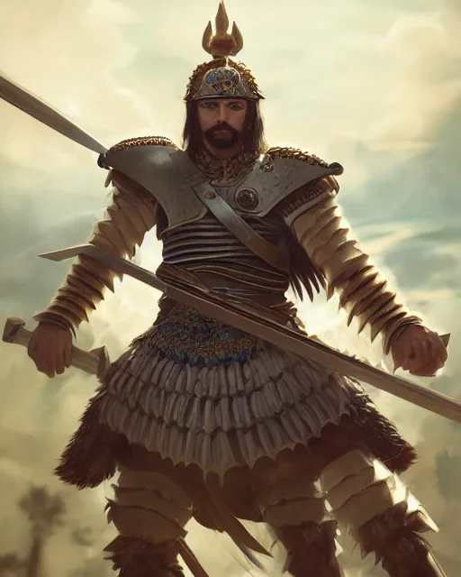 Prompt: ultrarealistic portrait of a spanish conquistador in battle, symmetrical, by daniel zrom and mingchen shen, studio ghibli color scheme, detailed, handsome, anatomy, sharp focus, photography, magic : the gathering, octane, cinematic lighting, facial features, jungle, clear face