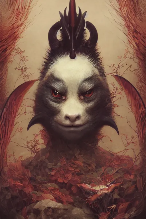 Image similar to a portrait of a japanese devil animal illustrated by miyazaki by karol bak, james jean, tom bagshaw, rococo, sharp focus, trending on artstation, cinematic lighting, hyper realism, octane render, 8 k, hyper detailed, vivid, ultra detailed, highly detailed