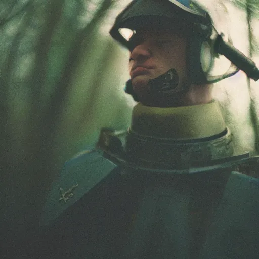 Image similar to close up kodak portra 4 0 0 photograph of a space marine after the battle standing in dark forest, m, moody lighting, telephoto, 9 0 s vibe, blurry background, vaporwave colors, faded!,