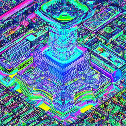 Image similar to an isometric cityscape photo shot from a helicopter trending on artstation 4 k neon colors intricate extremely detailed digital art by alex grey infinite wisdom sacred geometry