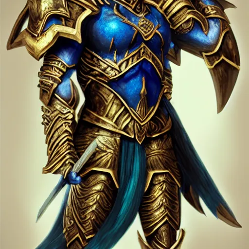 Prompt: ancient hybrid majestic elf warrior dark blue and gold heavy armor concept art, intricate artwork masterpiece, very coherent artwork, cinematic, very coherent artwork, trending on cg society, ultra high quality model, production quality cinema model, high detail , octane render, hyper realism, high detail, octane render, High contrast, highly detailed