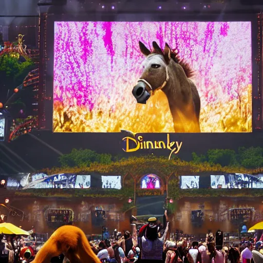 Image similar to A donkey DJ is shown on a giant screen at tomorrowland, 8k