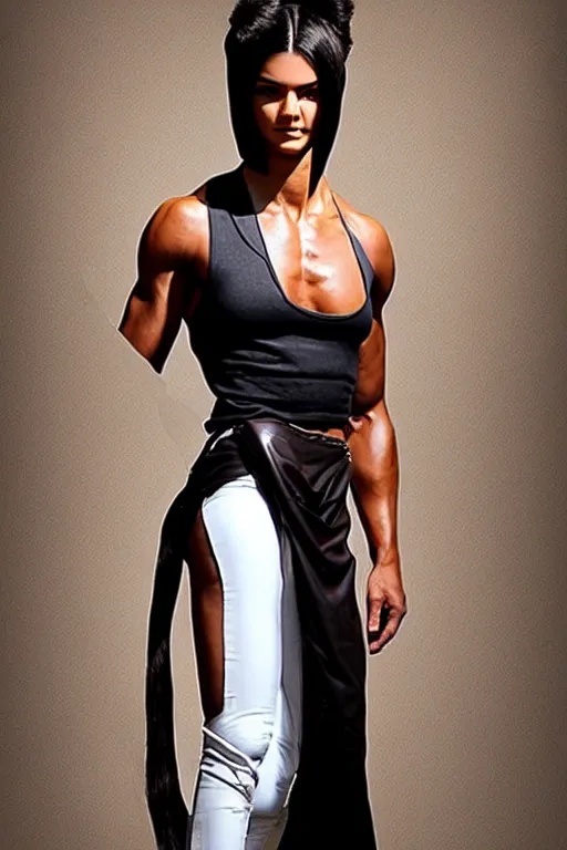 Prompt: realistic photo. imposingly tall, broadshouldered, muscular woman. half black half arab. dark skin. face like kendall jenner, dark complexion. hair has white stripe white streak in hair over left ear. modest practical buckskin leather clothing. fully dressed. massively jacked physique. in her 3 0's. ranger. female. clothed.