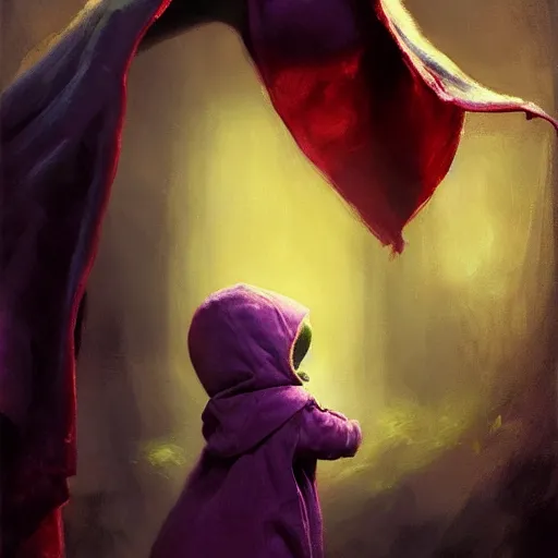 Prompt: Little nightmares, purple raincoat, fiery eyes, cuddling her gremlings as the movie, painted by raymond swanland