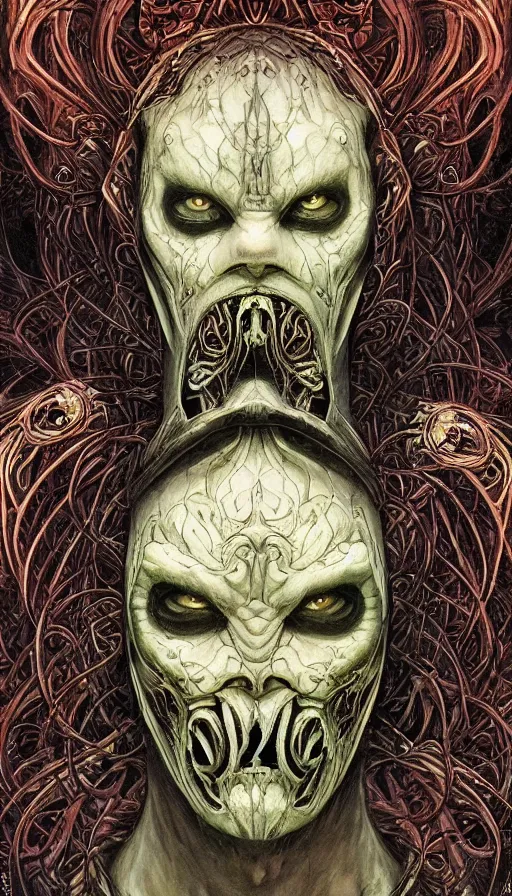 Prompt: Elden Ring and Doom themed painting of beautiful angellic symmetrical face mask pattern concept, infinity glyph, intricate artwork by, Johnatan Wayshak, Zdizslaw Beksinski, Ayami Kojima, Amano, Karol Bak, Greg Hildebrandt, and Mark Brooks, Neo-Gothic, gothic, rich deep colors, art by Takato Yamamoto, masterpiece, face by Artgerm, H.R. Giger, very coherent artwork, cinematic, hyper realism, high detail, octane render, unreal engine, 8k, High contrast, golden ratio, trending on cgsociety, ultra high quality model, production quality cinema model