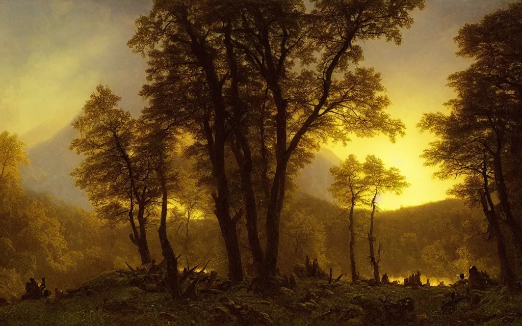 Image similar to large bonfire on the edge of a forest overlooking a beautiful valley at dusk, cinematic lighting, intricate ink illustration, by albert bierstadt, digital art
