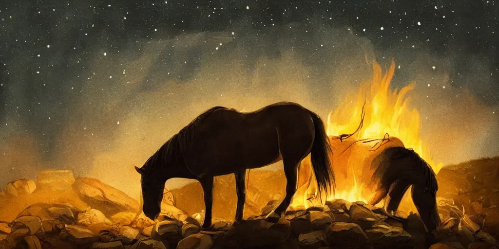 Prompt: in the old west, at a campfire at night, close up portrait of one sleeping bandit scoot mcnairy ( ( alone ) ) propped against a rock, watches the stars and his horse grazes, in the style of a cinematic oil painting, warm color palate, astral, grim