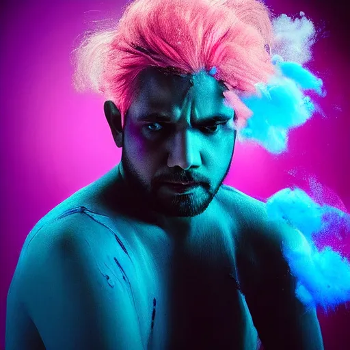 Prompt: dramatic lighting photo of a beautiful narendra modi with cotton candy hair. paint splashes. moody and melancholy. with a little bit of cyan and pink