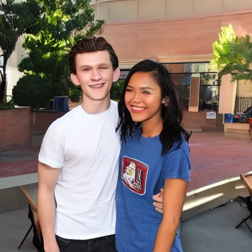 Image similar to Tom Holland with his arm around a beautiful Filipina college girl at Chapman University