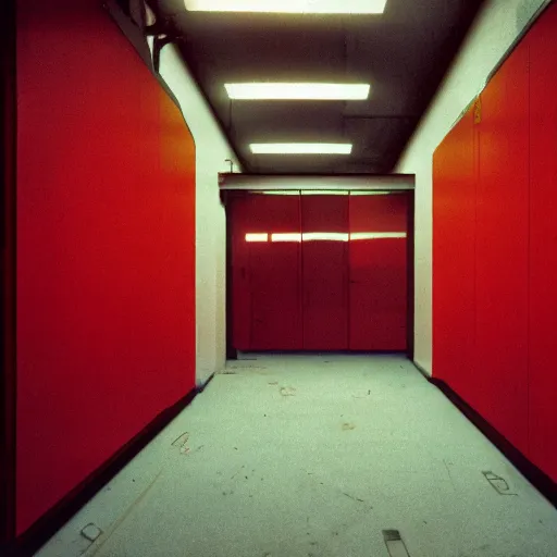 Image similar to noisy color photograph of a retrofuturist liminal space, laboratory, red lights, minimalist, cinematic, soft vintage glow