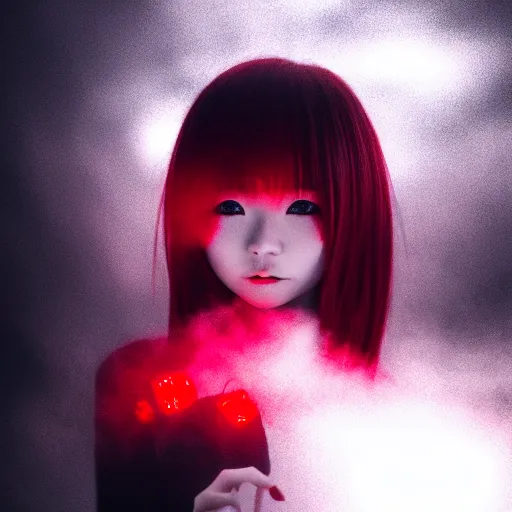 Image similar to photograph of an alternative japanese girl, dark red and white lights, anime influenced, hihgly detailed, hyper realistic, volumentric fog, raytracing