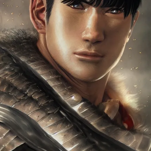 Image similar to realistic portrait of guts from berserk extremely detailed, made by wlop and maxwell boas