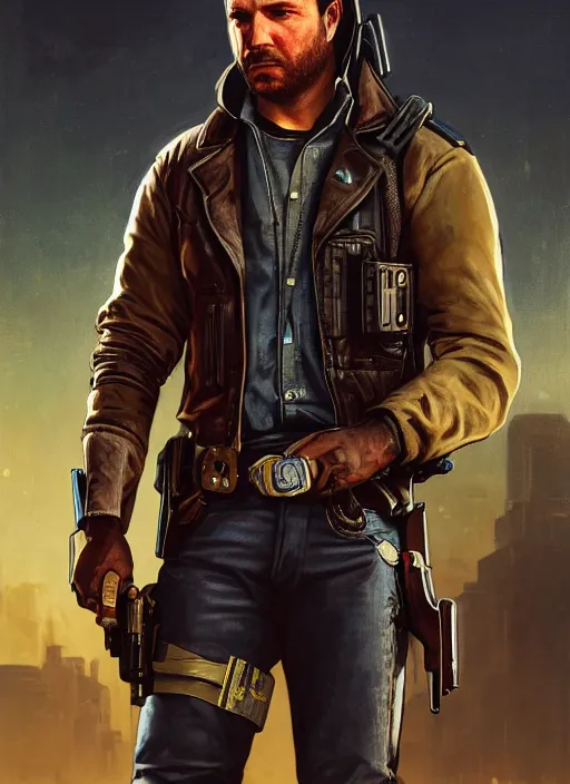 Prompt: arthur morgan. cyberpunk police trooper in a military vest ( blade runner 2 0 4 9, cyberpunk 2 0 7 7 ). orientalist portrait by john william waterhouse and james gurney and theodore ralli and nasreddine dinet, oil on canvas. cinematic, hyper realism, realistic proportions, dramatic lighting, high detail 4 k