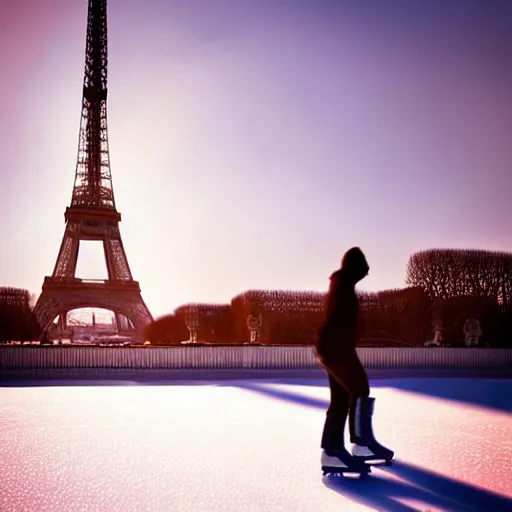 Image similar to extreme long shot, landscape, man and woman with long brown hair ice skating in front of eiffel tower, soft lighting, soft aesthetic, cool pallet, soft focus, lens flare