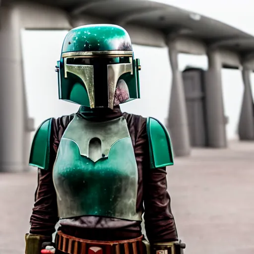 Prompt: 50mm portrait of female Bobafett at Mos Eisley spaceport