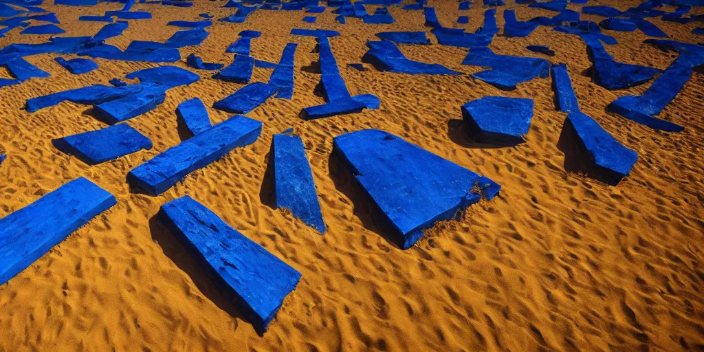 Image similar to people with blue bodies, raising pyramid out of the sands, wide angle, cinematic atmosphere, elaborate, highly detailed, dramatic lighting