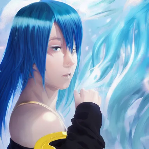 Prompt: side profile of rimuru tempest with sky blue hair, ponytail, gold eyes, black jacket with white stripes and a high collar | highly detailed, roman city | professional digital art, concept art, award - winning photography, cinematic, wlop | art by pixiv art, ilya kuvshinov, greg rutkowski, yoshitaka amano