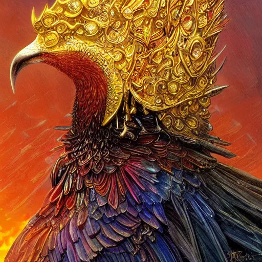 Image similar to colorful bird, golden crown, from overlord, close up, fantasy, intricate, elegant, highly detailed, digital painting, artstation, concept art, sharp focus, illustration, art by luis royo, wayne barlowe, kirsi salonen, asya yoranova and alan lee