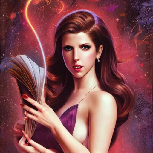 Prompt: anna kendrick dressed as jessica rabbit holding a glowing wand in one hand and a large leather bound book, fantasy, intricate, elegant, highly detailed, digital painting, artstation, concept art, matte, sharp focus, illustration, in the style of magic the gathering, art by artgerm and greg rutkowski and alphonse mucha