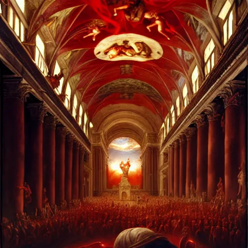 Image similar to the sistine chapel's ceiling is broken is half as a red magical portal from hell opens up, lucifer morningstar emerges along with a few demons, the priests and the pope look at the scene with terror in their eyes. highly detailed painting by gaston bussiere, greg rutkowski, craig mullins 8 k