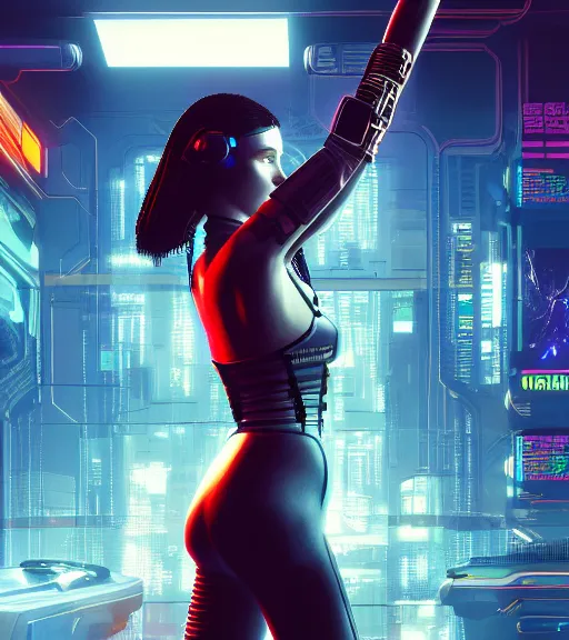 Image similar to cable plugged into cyberdeck, back of head, cyberpunk woman, computer, netrunner, 1 9 7 9 omni magazine cover, style by vincent di fate, cyberpunk 2 0 7 7, 4 k resolution, unreal engine, daz