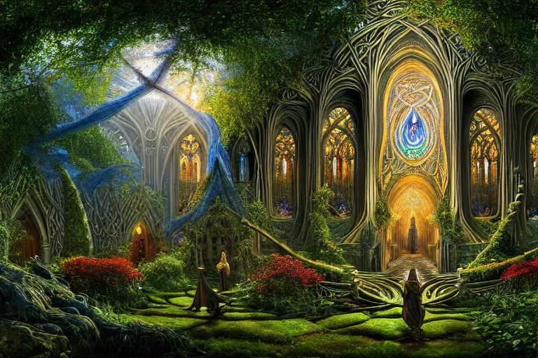 Image similar to a beautiful and highly detailed digital painting of a celtic elven cathedral in a beautiful garden in a mystical forest, intricate celtic patterns, intricate psychedelic details, epic scale, insanely complex, cgsociety, 8 k, sharp focus, hyperrealism, by alex grey, caspar friedrich, albert bierstadt, james gurney, brian froud,