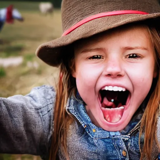 Prompt: a farmer’s daughter, she has large front teeth and a massive overbite. She’s holding a shotgun and smiling widely. Award winning photo. 4K. Extremely detailed.